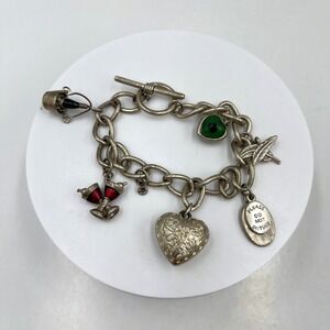 VTG Silver Tone Charm Bracelet Chunky Link Heart Locket Goblet Feather Religious